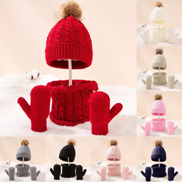 3PCS/set Kids Baby Winter Warm Hat Scarf Gloves Set Girls Boys Pompom Beanie Cap