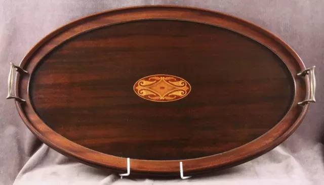 Antique Edwardian Oval Inlaid Mahogany Serving Tray With Brass Handles 25"