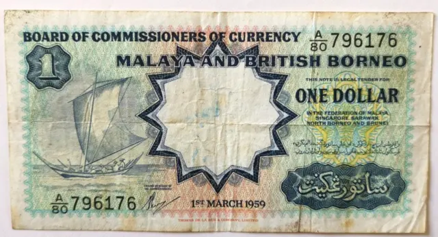 Malaya & British Borneo 1$ Dollar old genuine Banknote 1959, P#8A   (Lot 319)