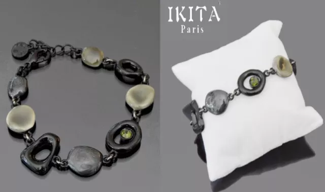 Bracelet IKITA Paris Émail Conception Vintage Métal Noir/Gris Chaîne