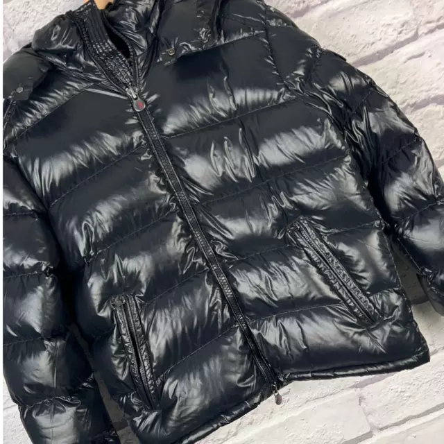 MONCLER Men's XL (4) Black Maya Short Lacquered Nylon Down Puffer Hooded Jacket