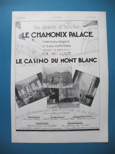 Publicite De Presse Le Chamonix Palace Casino Du Mont Blanc Bob Ski Luge Ad 1931