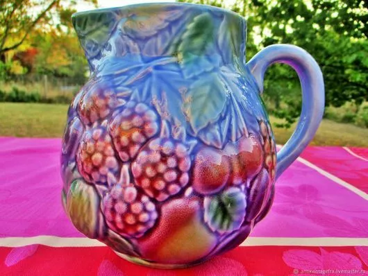 Pichet ancien Laitier Vase Fruits Barbotin Faïence France Antique Jug Milkman Va