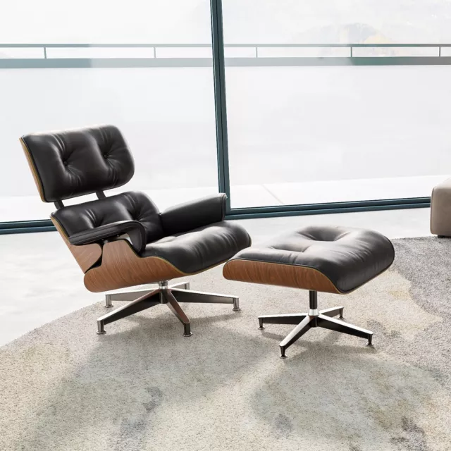 Klassischer Eames Lounge Chair Holz Echtem Echt Leder Sessel Wohnzimme Sofa Home