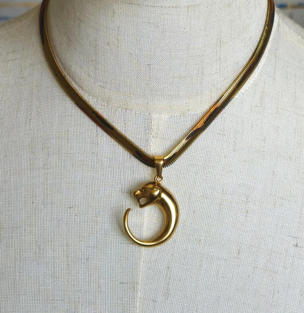 Pendentif Panthère Vintage Chaîne Longue Doré - Bijou Ancien XXe Siècle, Alliage, Occasion