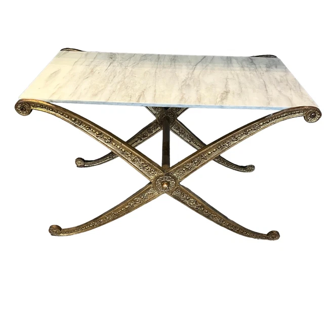 Hollywood Regency Marble Metal Brass Tone X Cocktail Table
