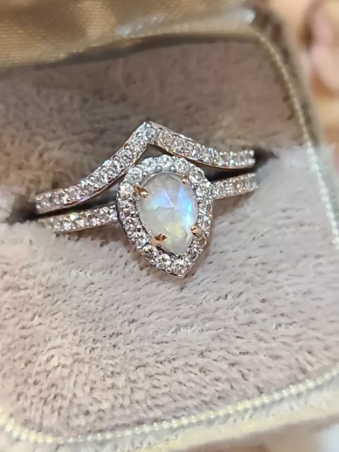 14k Rose Gold Moonstone Diamond Halo ring Pear solitaire w/ matching band 7.5