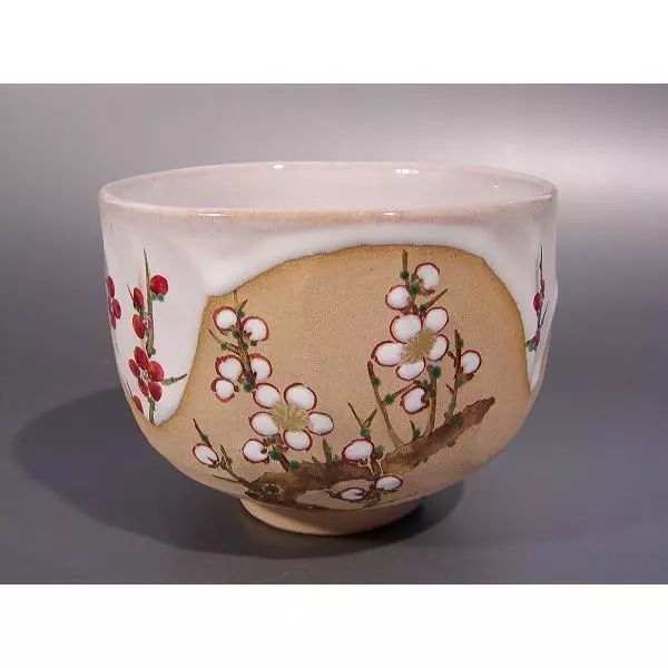 Tea Utensils Matcha Bowl, Ash Glaze, Red And White Plum Painting, Kyoto Ware, Ma