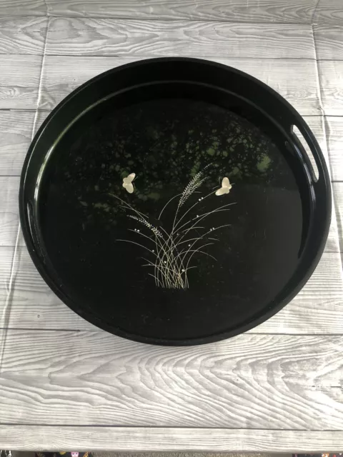 Beautiful Japanese Black Lacquer Circle Tea Tray With Handles