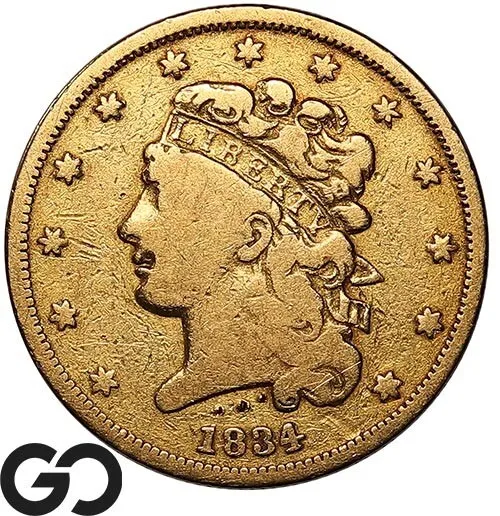 1834 Half Eagle, $5 Gold Classic Head, Plain 4, Scarce Early Type Piece!