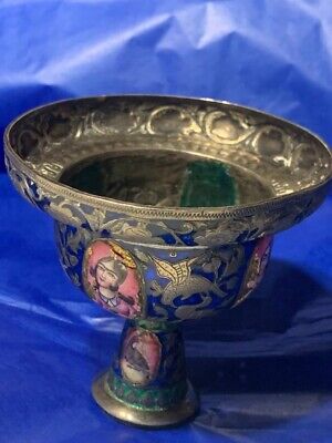 Antique 19th Century  Qajar  Persian Enameled Silver  Stem Cup.