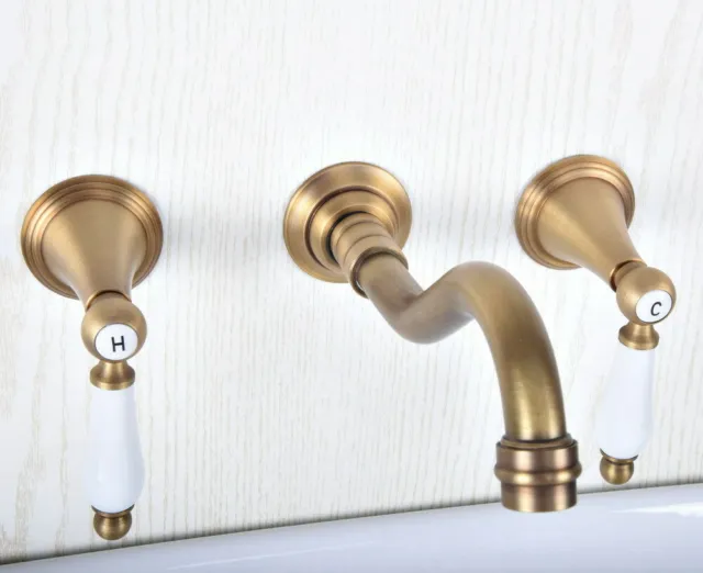 Antique Brass Basin Faucet Dual Handle Wall-Mount Tub Mixer Bathroom Sink Tap