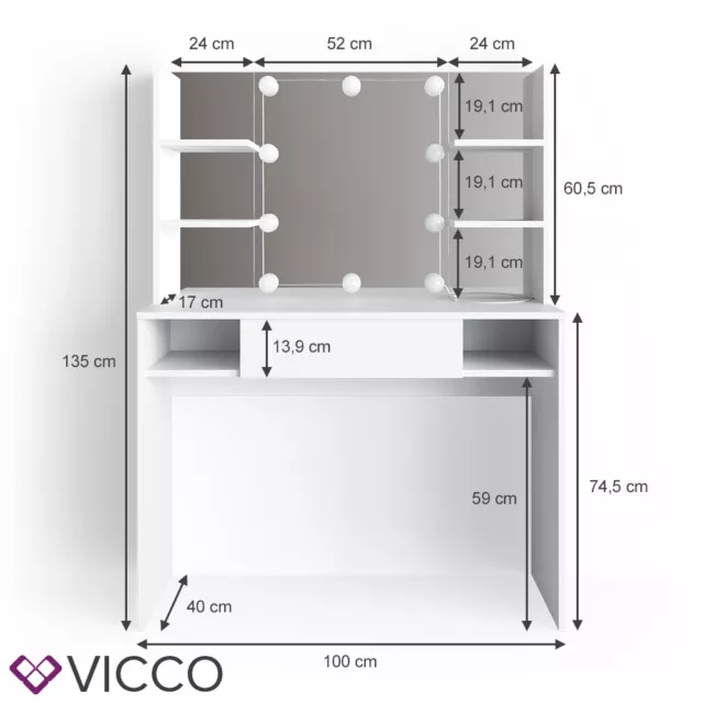 Coiffeuse LED VICCO DAENERYS blanche, table de maquillage, commode, miroir 3