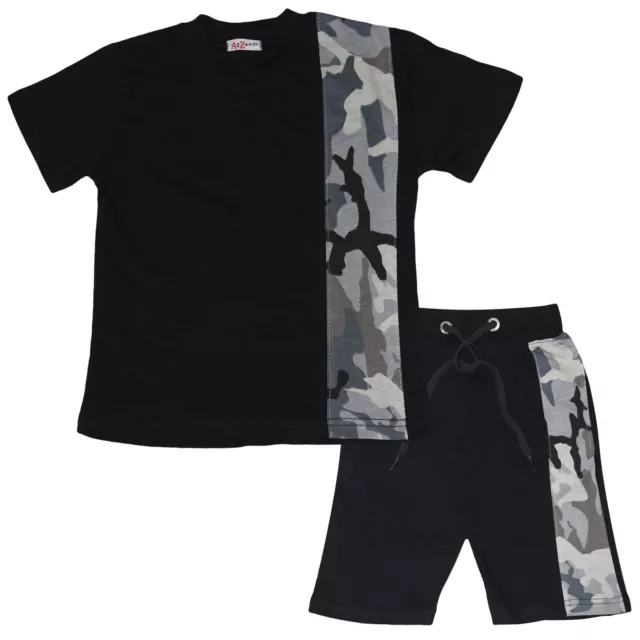 Kids Boys T Shirt Shorts Camouflage Charcoal Contrast Panel Top Summer Short Set