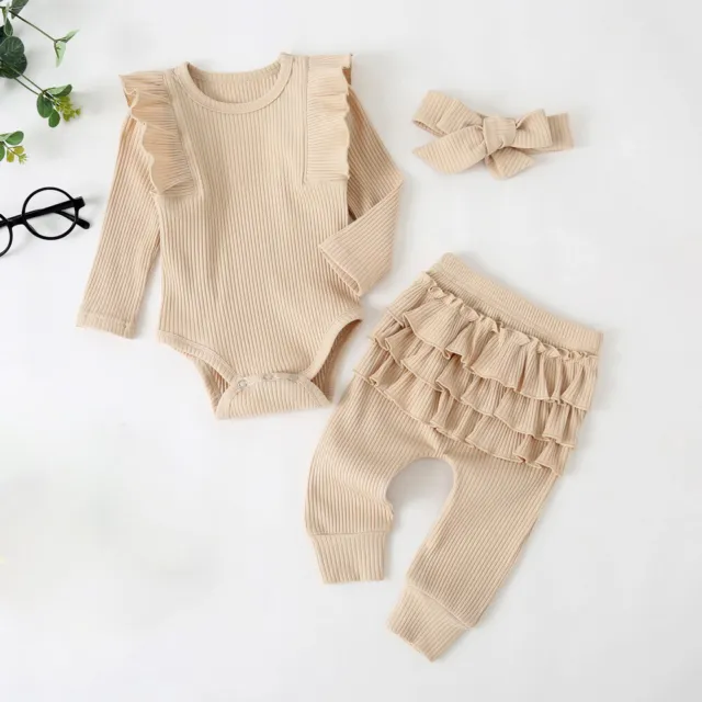 Newborn Baby Girls Ribbed Outfits Ruffle Romper Jumpsuit Pants Xmas Party Set 9