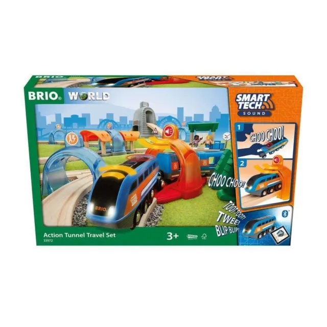 BRIO 33972 Smart Tech Sound Action Tunnel Travel Set | Wooden Toy Train Set f...