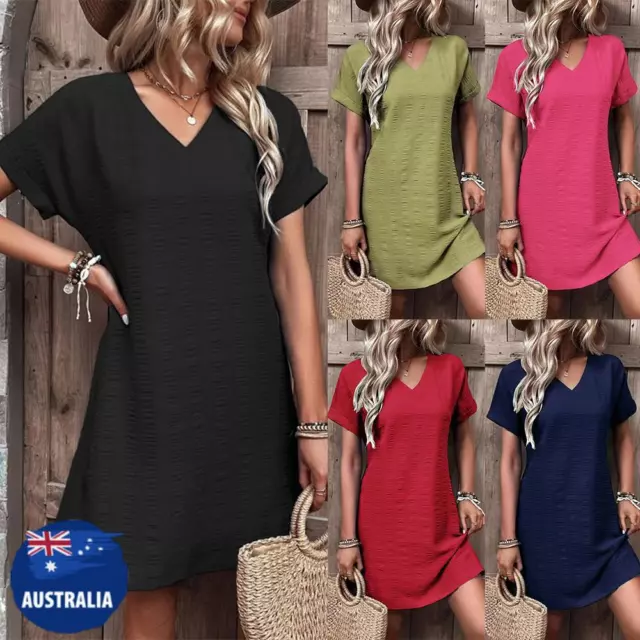 Women Solid  V Neck Casual Loose Shirt Dress Summer Ladies Short Sleeve Sundress