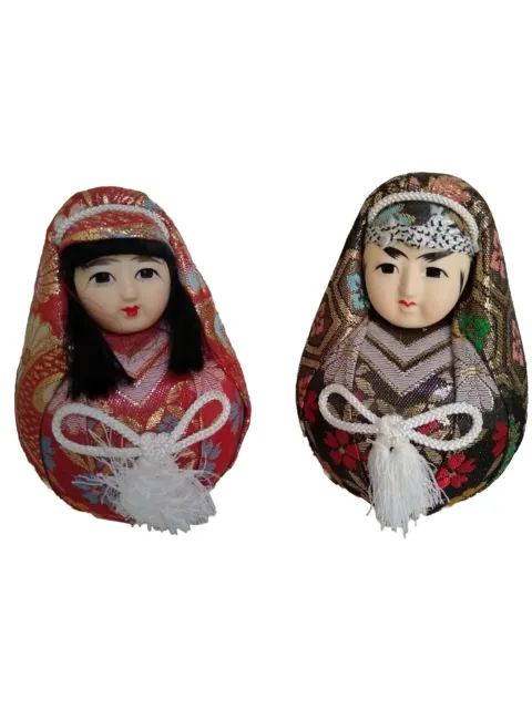 Set of 2 Fabric Kimono Covered Asian Doll Couple Shelf Sitters Multicolor