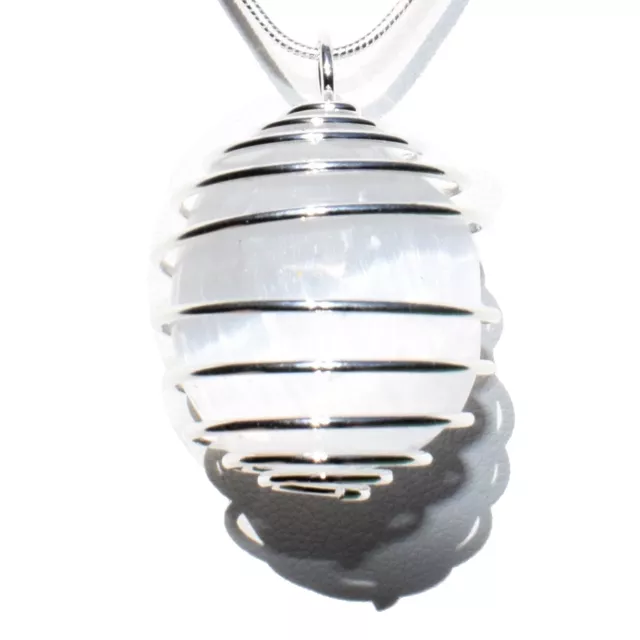 CHARGED Polished Moroccan Selenite Perfect Pendant+  20" Stainless Steel Chain