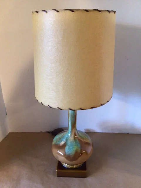 Vtg Mcm Brown/Turquoise Drip Glaze Ceramic Genie 19”Table Lamp Fiberglass Shade