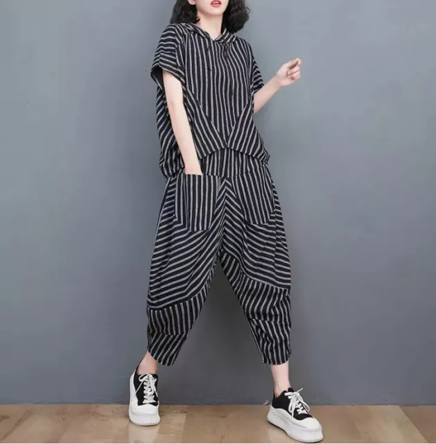 Completo Mujer Camiseta Pantalones Negro Rayas Traje Set Chándal Ciudad 30038