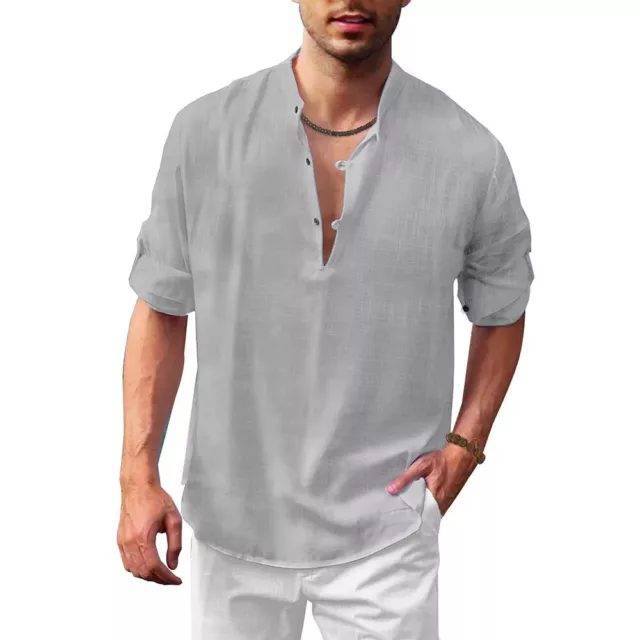 Hombre Sólido Lino Camisas Algodón Informal Holgado Verano Playa Camiseta B <