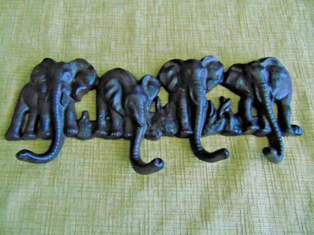 Cast Iron Elephant Wall 4 Hook Brown Safari trunk coat towel key home lodge