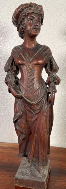 1.5ft Antique Carved Wood Young Woman Figure 19th Century French German Lady