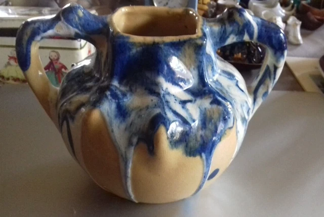 Ancien Vase Gres Deux Anses Coulure Bleu Blanc Fond Jaune Pierrefonds Metenier G