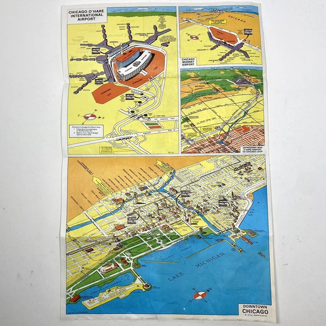 CHICAGO ILLINOIS VINTAGE 1973 Perspecto Map O’Hare Airport Budget Rent