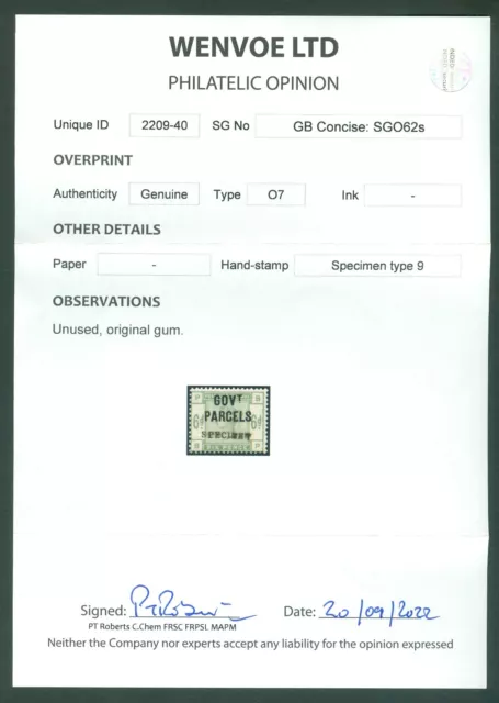 SG O62 6d dull green GOVT parcels, overprinted specimen. A scarce pristine... 2