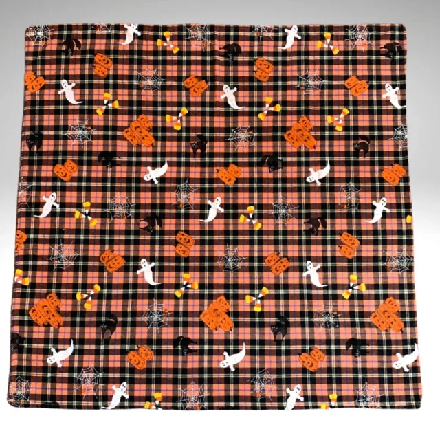 Halloween Plaid Square Tablecloth Ghosts Black Cats Pumpkins Webs Vintage 48”