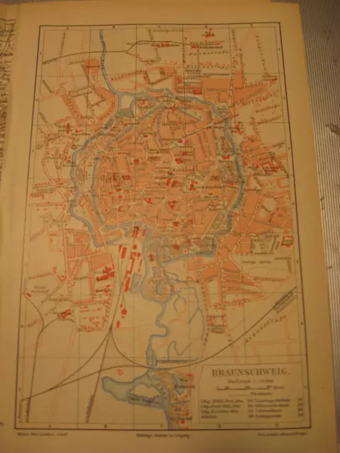 Antike Karte von 1892 Stadtkarte Braunschweig mit Straßenverz. Lithgraphien