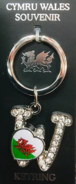 Welsh letter “W” keyring Wales Flag dragon First Last Name Initials. Diamanté