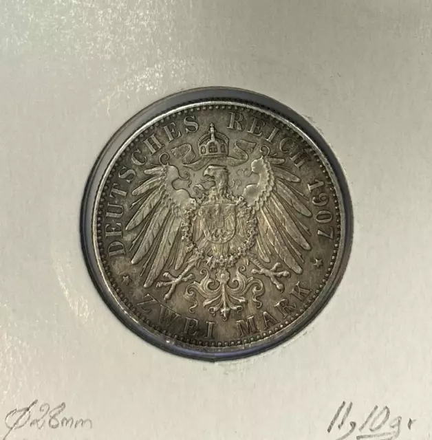 ALLEMAGNE BADEN - 2 MARK 1907 - Pièce de Monnaie en Argent // Qualité : TTB 2