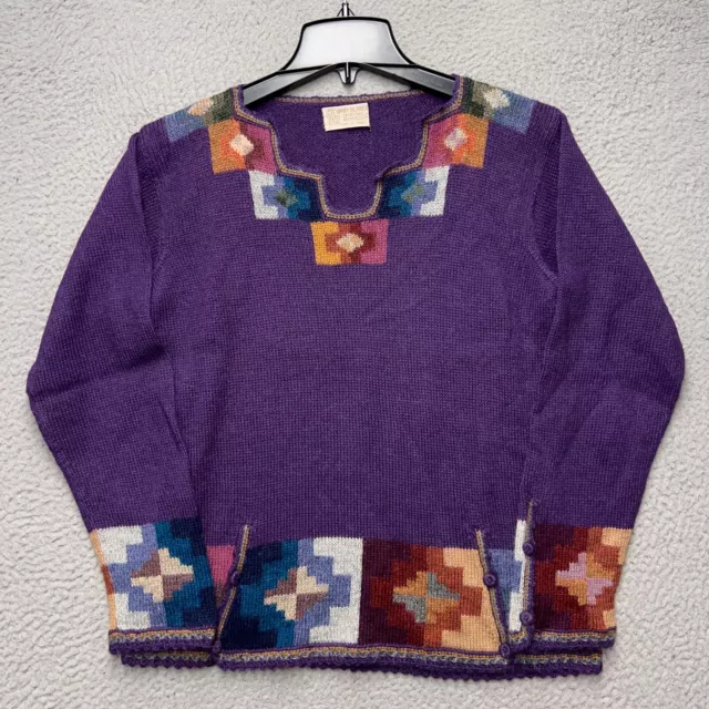 Baby Alpaca Sweater Womens Large Purple Geometric Long Sleeve Pullover Jumper