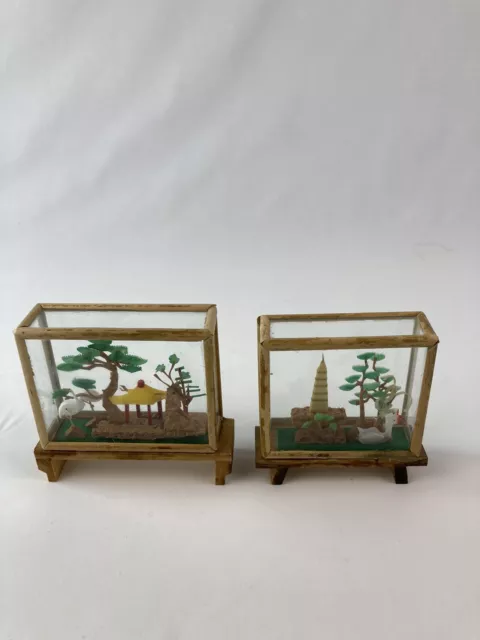 Lot of 2 bamboo asian shadow box pagoda diorama carved 3D sculpture carved cork