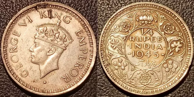Inde Britannique - George VI - 1/4 rupee argent 1945 Bombay petit 5 TTB ! KM#547