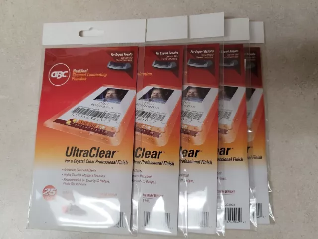 5pks GBC HeatSeal UltraClear Thermal Laminating Pouches, Badge/ID Card Size, 5ml