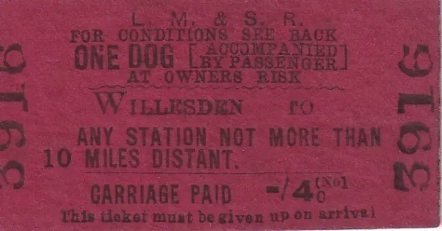 Railway  Ticket Lm&Sr Willesden One Dog Issued 1946