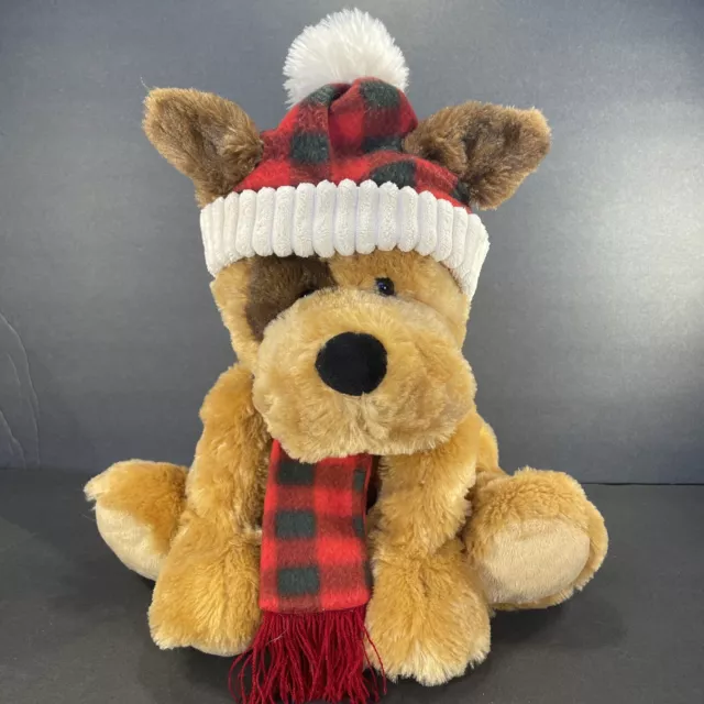 Hugfun Brown Puppy Dog Reese Plush Red Scarf Hat Stuffed Animal St. Jude Toy 12”