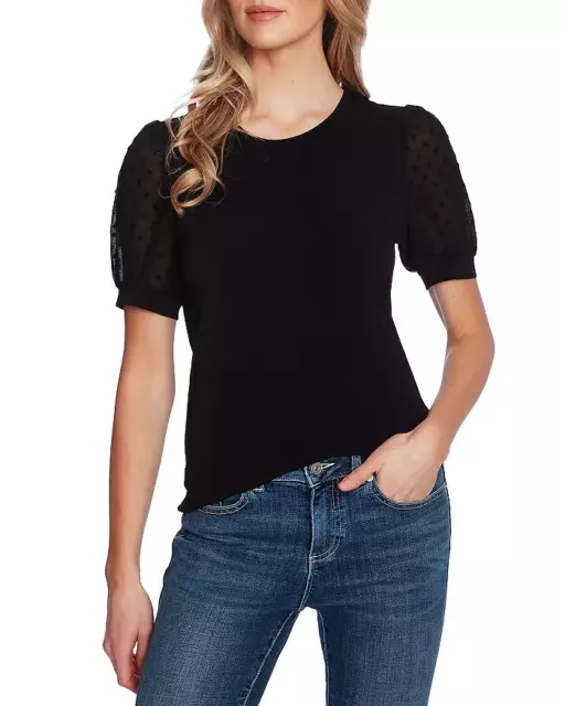 NWT Cece Women's Short Puff-Sleeve Mixed Media Knit Top US/XS Black