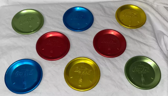 Vintage SET of 8 Aluminum Coca Cola Coasters Red Blue Yellow Green Coke EUC MCM