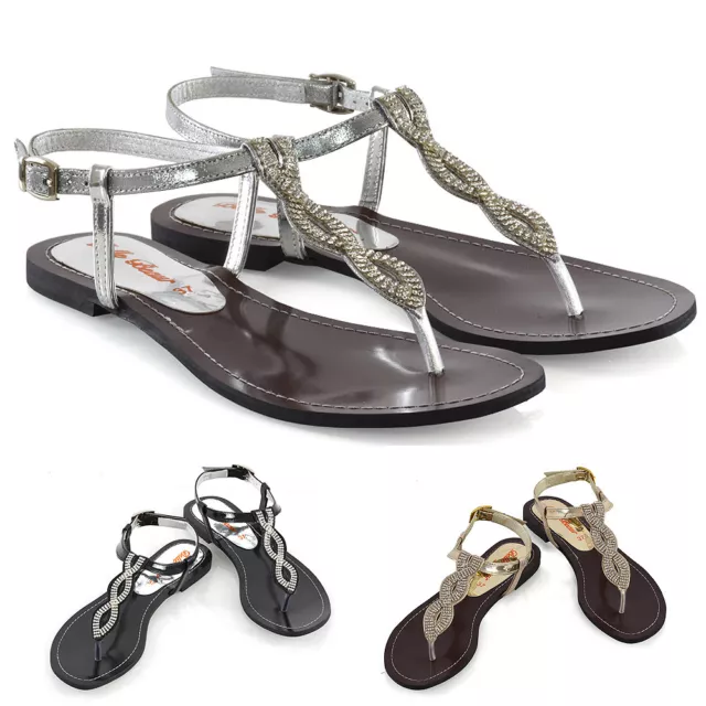 Womens Diamante Flat T-Bar Singback Sandals Ladies Strappy Holiday Shoes Size