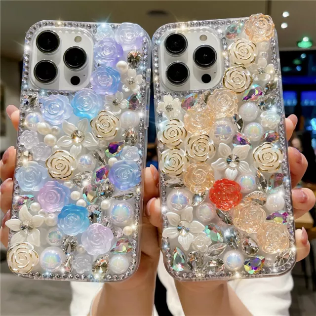 For iPhone 14 Pro Max 13 12 11 XS XR 3D Bling Sparkle Crystal Pearl Flower Case