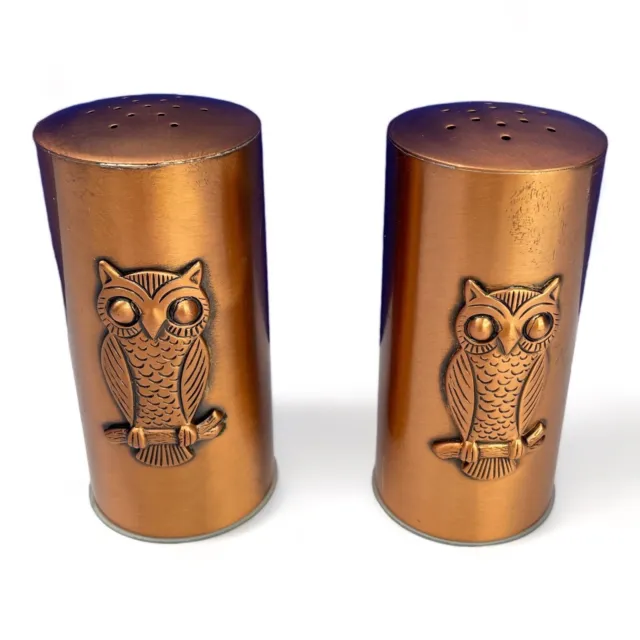 Owl Salt Pepper Shakers Copper Gregorian Caplucs 1.5 x 3" Model 16-2 Retro 1970s