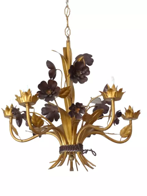 Gorgeous Gilded Chandelier Flowers Ceiling 70's Hollywood Regency Mid Century