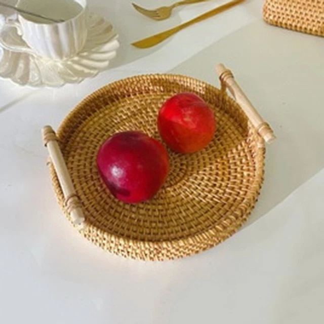 Handmade Rattan Storage Tray with Wooden Handle Wicker Basket for Cake (M) FS2#