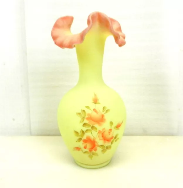 Fenton Burmese Glass Vase 9 5/8" Double Crimped Hand Painted Roses G Burman  DC