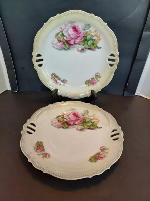 Vintage/Antique Pair P.K. Silesia Porcelain German Floral Plates Roses Luster...